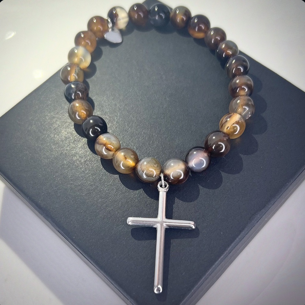 Natural Coffee Stone Beaded Stretch Bracelet w Platinum Cross